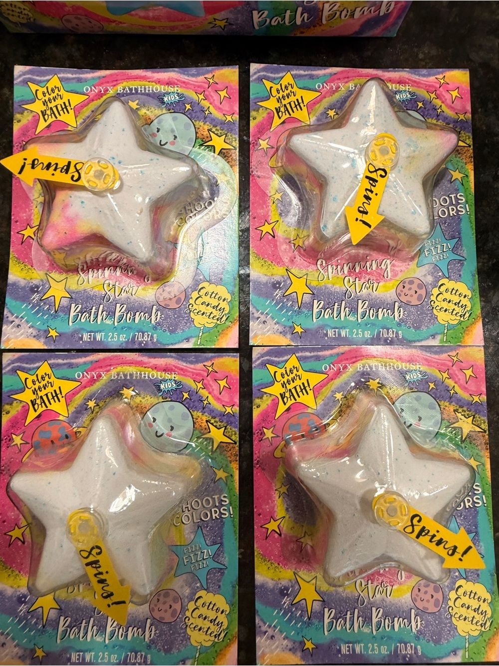 Onyx Bathhouse Kids Spinning Star Bath Bomb Cotton Candy 4 Pack NEW